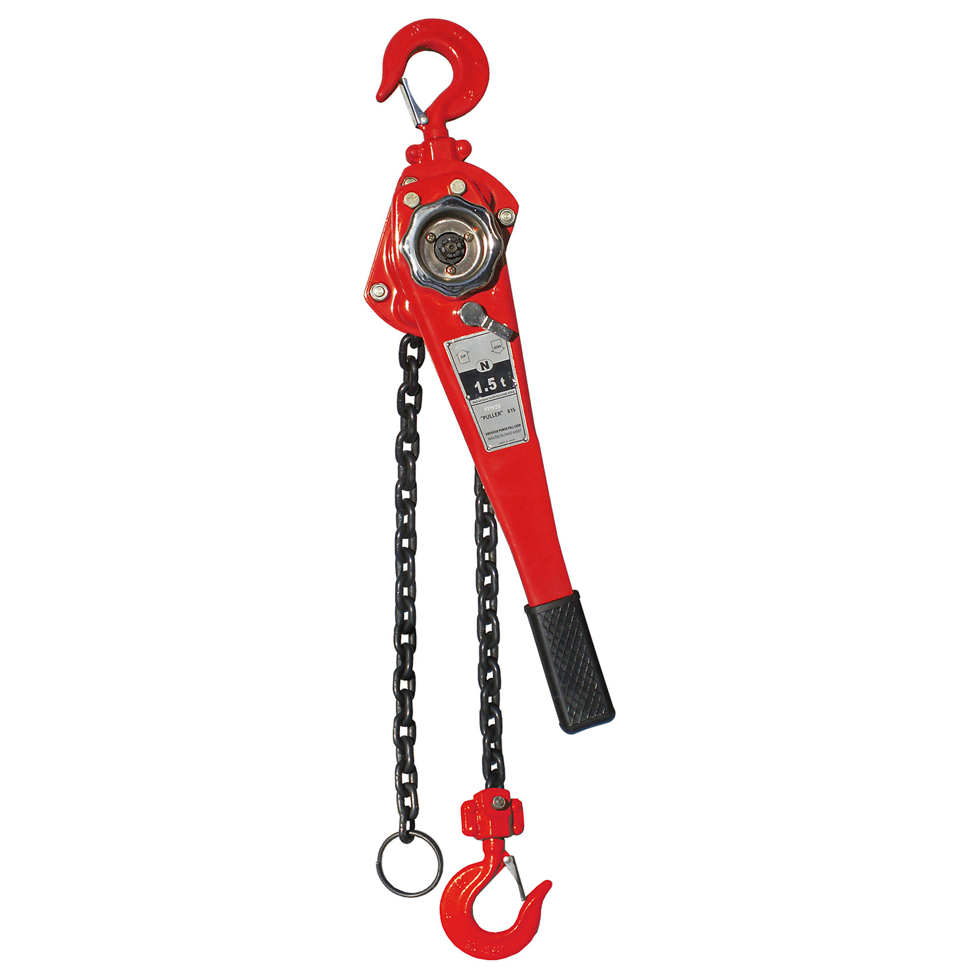 American Power Pull, 1 1/2 ton chain puller w/ 10ft. chain, Power Source Manual Lever, Capacity 3000 lb, Lift Height 10 ft, Model# 615-10